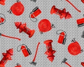 Firefighting Equipment on Gray Fabric / Fire Alarm Collection by Blank Quilting Cotton Fat Quarters & 5 Alarm Material By The Yard