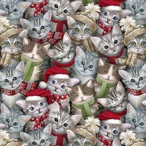 Christmas Kitties Fabric, A Purrfect Holiday Season by Blank Quilting / Kitten, Santa Hat Cat Fabric, Holiday Yardage & Fat Quarters