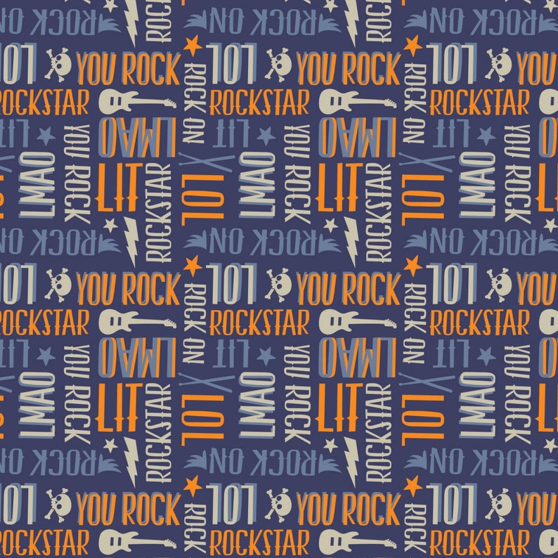 Music Instrument Fabric / Rock on Concert Slang Words on Navy Etsy