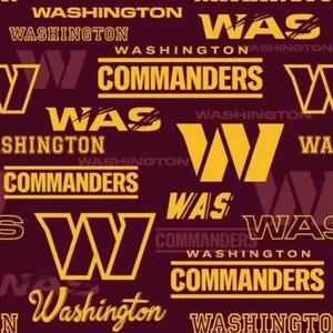 May include: A repeating pattern on a dark burgundy background featuring the yellow text WASHINGTON, COMMANDERS, and WAS, along with a large yellow W logo. The design includes various font styles and orientations, creating a dense graphic print.