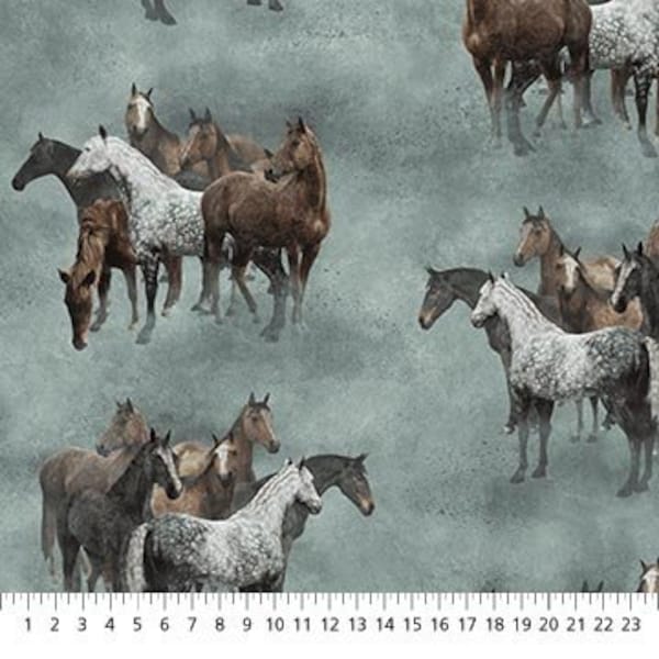 Horses on Heritage Blue Fabric / Horse  Yardage / Frontier Stonehenge Collection by Northcott Fabrics / Fat Quarter & Yardage