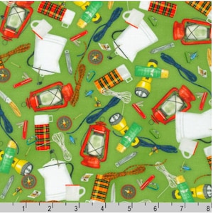 Lake House Camping Equipment on Green Fabric by Robert Kaufman Fabrics / Camping Fabric / Yardage Fat Quarters
