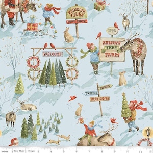 Kerststof, landschappelijk op blauwe stof, kerstcollectie Santa&#39;s Tree Farm van Riley Blake Holiday Yardage & Fat Quarters beschikbaar