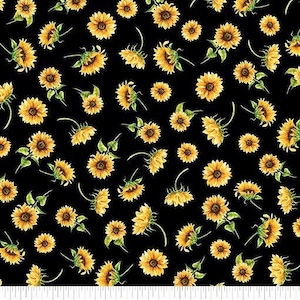 Tiny Sunflowers on Black Fabric / Harvest Beginnings Collection from Benartex / Autumn Fall Floral  Blender Fabric Yardage and Fat Quarters