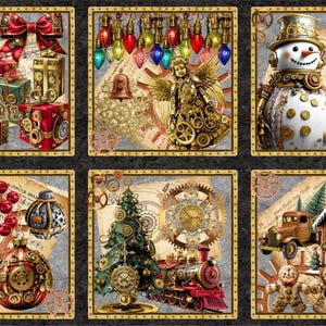 May include: A fabric panel featuring six square blocks with steampunk-style Christmas imagery, including a stocking, gifts, an angel, a snowman, ornaments, a tree, a train, and a gingerbread house, all bordered by vertical strips of poinsettias.