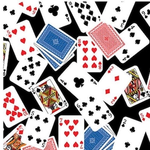 Karty do gry na czarnym materiale Tkanina Let's Play Poker cięta na wymiar / Tkanina do gry / / Tkaniny Kanvas, Karty cięte na wymiar i Fat Quarters