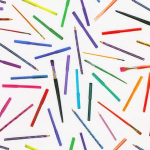 Artist Brushes on White Fabric, Writing Instruments Rainbow Crafter&#39;s Stash by Robert Kaufman, Paint Art Pens Pencils Yardage & Fat Quarters