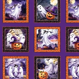 May include: A fabric panel featuring a repeating grid of Halloween-themed squares on a purple background. Each square displays illustrations of white ghosts, orange jack-o'-lanterns with purple hats, bats, and full moons. The border has pumpkins.