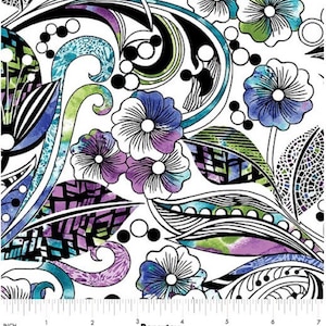 May include: White fabric with a colorful floral pattern. The design features stylized flowers in shades of purple and blue, with green and teal accents. Black outlines define the shapes, with the text "Go with the Flow White/Multi" and "Benartex" visible.
