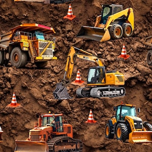 May include: A repeating pattern featuring yellow construction vehicles including a dump truck, a skid steer loader, an excavator, and a tractor, interspersed with orange and white traffic cones against a background of brown textured dirt.