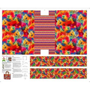 Könnte beinhalten: Ein farbenfrohes Stoffmuster mit einem sich wiederholenden Design aus Sternen, Wirbeln und abstrakten Formen in Rot-, Orange-, Gelb-, Grün-, Blau- und Violetttönen. Der Stoff ist für ein Stofftaschenprojekt konzipiert.