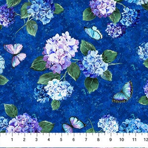 Hydrangea and Butterflies on Blue Fabric Rhapsody in Blue by Northcott Fabric Floral Blender Fabric Yardage & Fat Quarters Available
