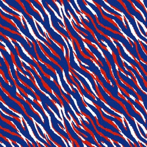 May include: A repeating textile pattern featuring a bold zebra stripe design. The graphic print consists of irregular, diagonal wavy lines in vibrant red, deep blue, and crisp white, creating a high-contrast, multi-colored animal print motif.