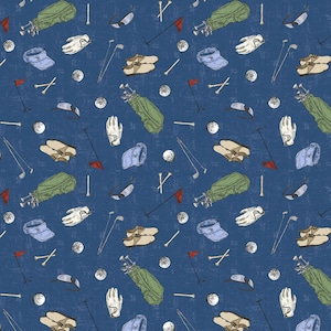 May include: A dark blue fabric featuring a repeating pattern of golf equipment including green golf bags, white golf gloves, tan golf shoes, white golf balls, golf tees, blue visors, sunglasses, and red flags on poles in a hand-drawn style.