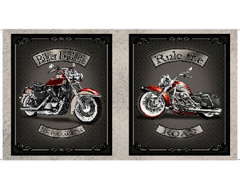Ride Free Motorcycle Picture Patches on Black 24" Fabric Panel / Motorcycle Quilt Fabric Panel  / Quilt Top Fabric Panel