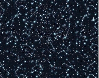 Constelaciones sobre tela azul, cielos celestiales de Benartex Fabrics / Material espacial de cielo nocturno, yardas y cuartos gordos