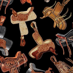 Yellowstone Horse Saddles on Black by Benartex Fabric Wild Wild West Yardage Western Fabric by the Yard & Fat Quarters