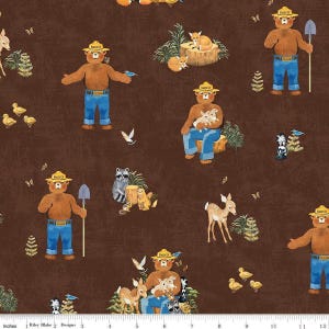 Smokey the Bear on Brown Fabric, Friends of Smokey Bear, Licensed by Riley Blake Designs / Cotton Material Yardage, & Fat Quarter