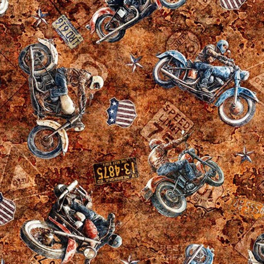 Motorcycle Fabric by the Yard / Grunge Biker Toss on Tan by QT, Cotton ...