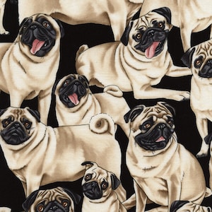 Pugs on Black Fabric by George McCartney / Pug Fabric / Timeless Treasures c2488 /Dog Fabric / Fat Quarter and Yardage / pugs by the yard