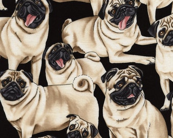 Pugs on Black Fabric by George McCartney / Pug Fabric / Timeless Treasures c2488 /Dog Fabric / Fat Quarter and Yardage / pugs by the yard