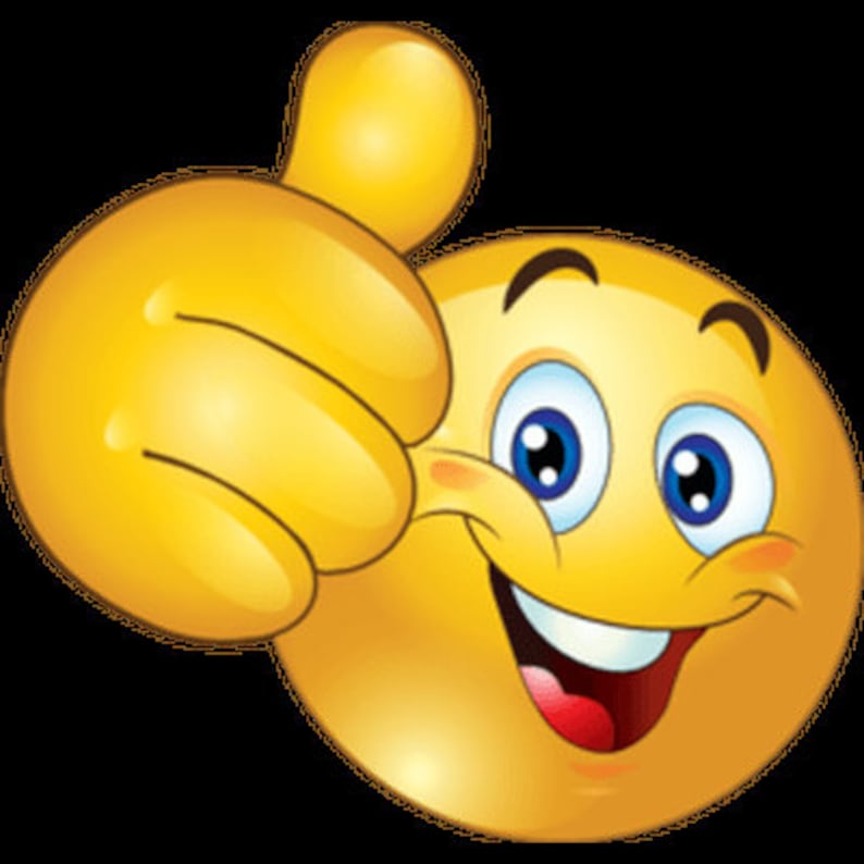 K&ouml;nnte beinhalten: Ein gelbes Smiley-Gesicht mit einem breiten Grinsen und gro&szlig;en blauen Augen zeigt einen Daumen nach oben. Das Smiley-Gesicht macht eine positive Geste.
