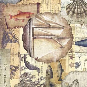 Nautical Patchwork on Ecru Fabric Siren&#39;s Call by QT, Sailboats Fabric / Ocean Sea Life Fabric by the yard / Fat Quarter and Yardage