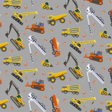 Construction Vehicles on Gray Let's Go by Clothworks Fabric / Fat