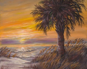 May include: An oil painting of a palm tree standing on a sandy dune covered in tall grass, overlooking an ocean at sunset. The sky features vibrant orange, yellow, and purple hues, with the sun low on the horizon casting light over the waves.