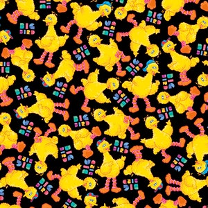 Sesame Street-tyg / Sesame Street Big Bird på svart tyg från QT Fabrics, Sesame Street bomullstyg, längd och måttband finns tillgängliga