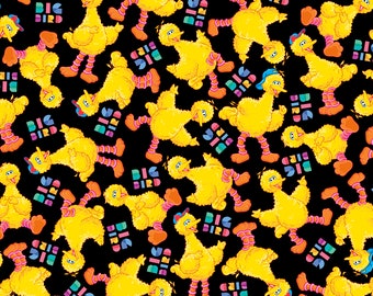 Sesame Street Fabric / Sesame Street Big Bird on Black Fabric by QT Fabrics, Sesame Street Cotton Material Yardage & Fat Quarters Available