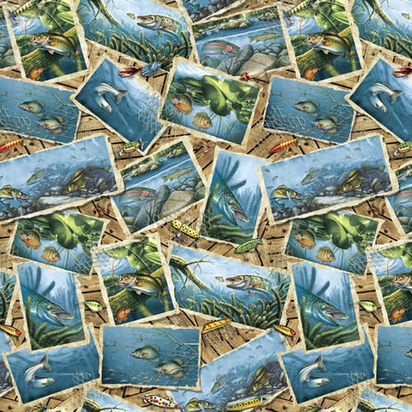 Fishing Fabric, Keep It Reel Fish Postcards by Blank Quilting / Hunting Fishing Camping Fabric  Yardage & Fat Quarters