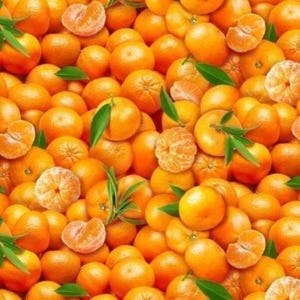 May include: A collection of bright orange tangerines, some whole and some peeled, featuring smooth rinds and segments. Several pieces of fruit are accented with small, pointed green leaves scattered throughout the arrangement.