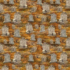 May include: A repeating pattern featuring gray tombstones with "RIP" inscriptions, skulls, and cobwebs on a brown background. The design evokes a Halloween or spooky theme, suitable for fabric or wallpaper.