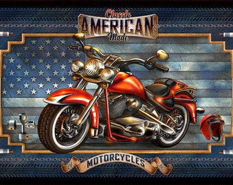 Live to Ride Motorcycle with American Flag Fabric Panel 24x44" / Indian Scout Bike Biker Quilt Fabric Panel  / Blank Quilting Fabric Panel
