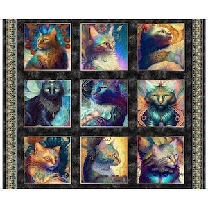May include: A fabric panel featuring a grid of nine square illustrations of cats. Each cat is depicted in vibrant, multi-colored hues with intricate, swirling patterns and ethereal backgrounds, all set against a dark, textured black border.
