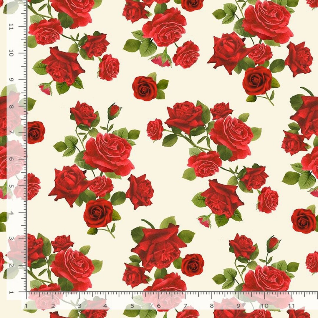 Tossed Rose Pattern Tossed Medium Roses on Cream Fabric, A Rose is a Rose by Timeless ...