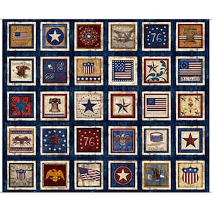 May include: A fabric panel featuring a grid of thirty square blocks with patriotic American themes. The designs include the United States flag, the Liberty Bell, bald eagles, stars, shields, and the number 76, all set against a dark blue background.
