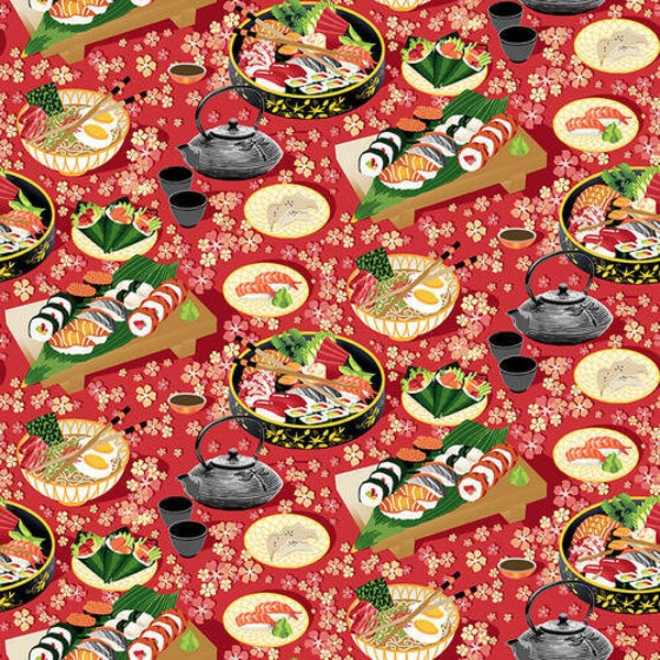 Sushi Fabric by the yard / Food Fabric / Sushi and Bento Box with tea pots Fabric by Blank Quilting - Sushi / Yardage and Fat Quarters