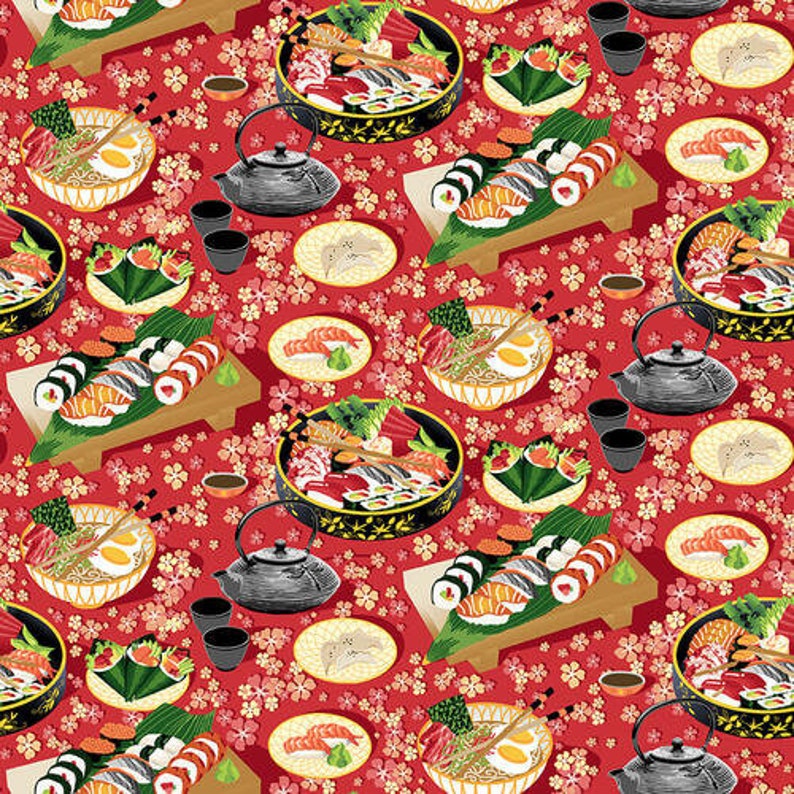 Sushi Stoff Meterware / Lebensmittel Stoff / Sushi und Bento Box Teekannen Stoff von Blank Quilting Sushi / Meterware und Fat Quarters Bild 1