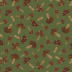 Mushroom Fabric / Dark Forest Mushrooms on Green  Fabric Studio-e Fabrics, Woods & floral Yardage and Fat Quarters