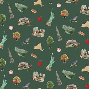 May include: A dark green fabric featuring a repeating pattern of New York-themed illustrations, including the Statue of Liberty, the Empire State Building, a hot dog, a baseball, a bluebird, a red apple, a tree, a horse and rider, and a map.