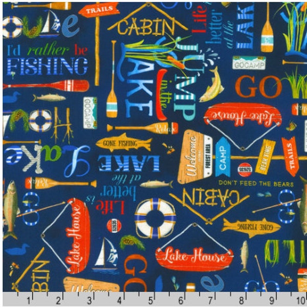 Lake House Camping Equipment on Blue Fabric by Robert Kaufman Fabrics / Camping Fabric / Yardage Fat Quarters