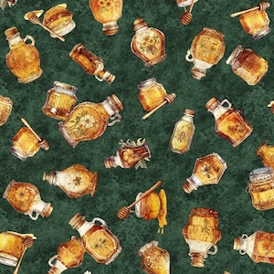 Bee Fabric / Honey Bottles on Forest Green Queen Bee Collection by Quilting Treasures   Fabrics Bee Yardage Bee Fat Quarters