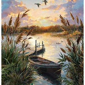 May include: A tranquil painting of a lake at sunset. Ducks are in flight above the water, and a small boat is near a wooden dock. Tall reeds frame the scene, with warm colours in the sky and water.