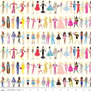 Barbie Doll Paper Dolls On Cream Fabric. World Barbie Movie Collection by Riley Blake Cotton Yardage & Fat Quarters