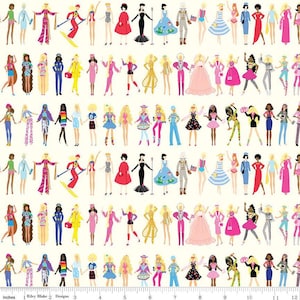 Barbie Doll Paper Dolls On Cream Fabric. World Barbie Movie Collection by Riley Blake Cotton Yardage & Fat Quarters