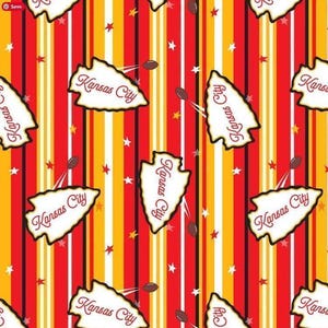 May include: A fabric pattern featuring vertical stripes in red, yellow, and white, overlaid with white arrowhead shapes containing the text Kansas City in red script, interspersed with small white and yellow stars and brown football icons.