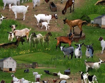緑のヤギの生地 / 農場の動物の生地 / エリザベススタジオ 359 グリーン / 牧草地のヤギの生地 / ヤギのヤードと牛のファットクォーター
