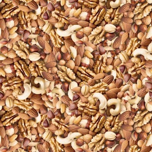 May include: A dense, repeating pattern of mixed nuts including brown almonds, tan walnuts, cream-colored cashews, and light brown hazelnuts. The arrangement creates a textured, multi-tonal surface of various shapes and sizes of raw nuts.